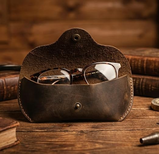 Full-Grain Leather Eyeglasses Case, Snap Closure Glasses Pouch