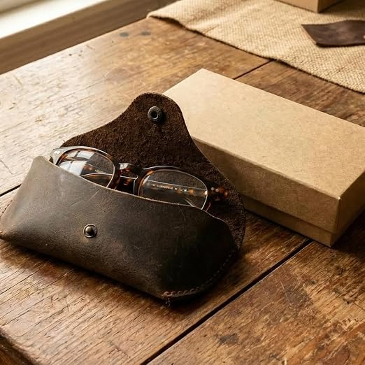 Full-Grain Leather Eyeglasses Case, Snap Closure Glasses Pouch